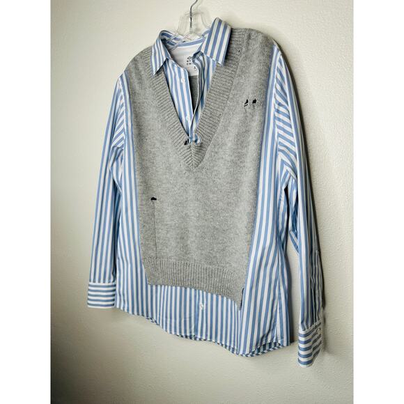 Maison Margiela Distressed Gray Vest Layered Blue & White Stripe Shirt - Picture 5 of 16
